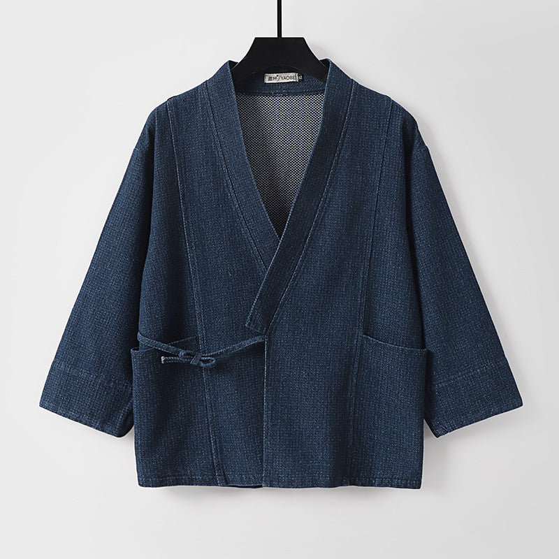 Unisex Jeans-Kimono-Jacke mit Bindegürtel und aufgesetzten Taschen Drune