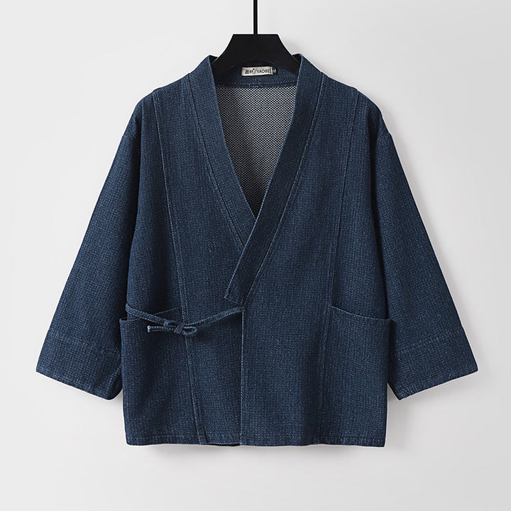 Unisex Jeans-Kimono-Jacke mit Bindegürtel und aufgesetzten Taschen Drune