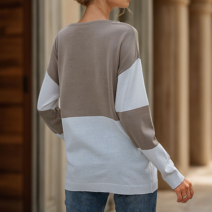Damen Oversize Strickpullover mit Rundhals, Ajour-Dreieck und Blockstreifen Drune