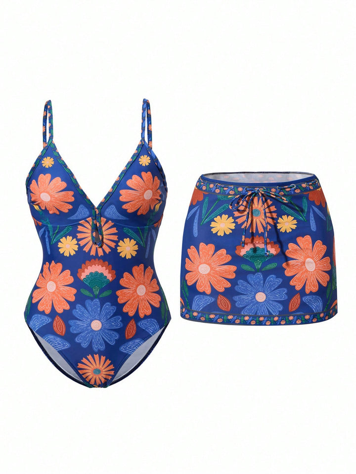 Damen Bikini-Set mit floralem Design und passendem Rock Drune
