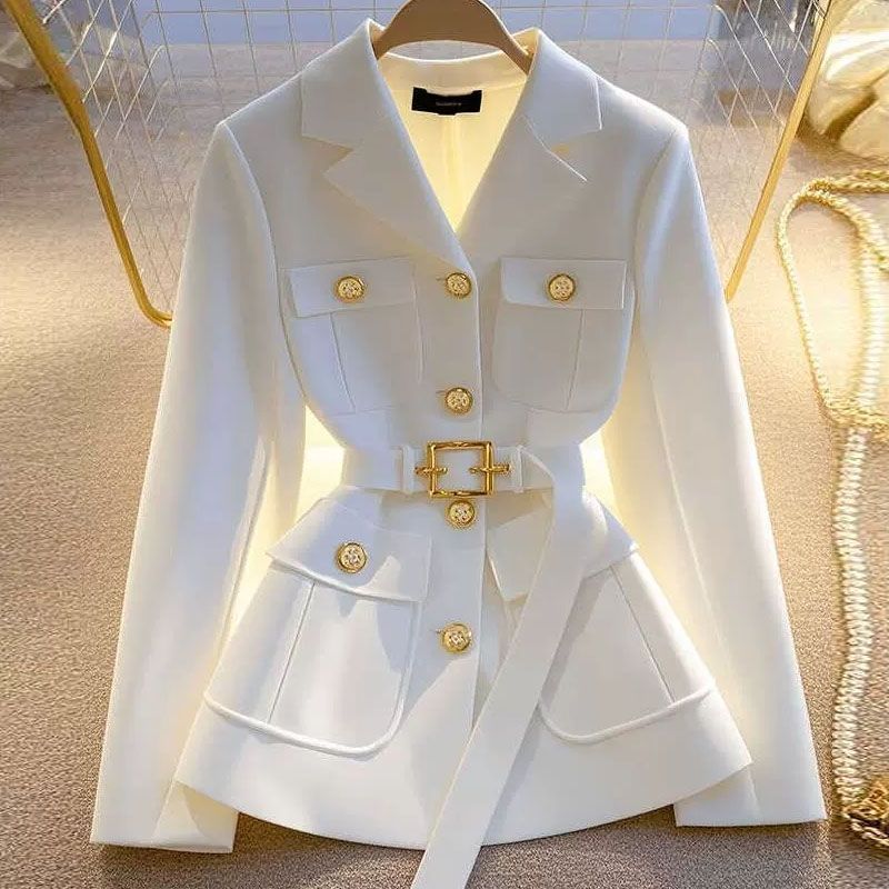 Damen Modischer Blazer mit Taillengürtel und Taschen Drune