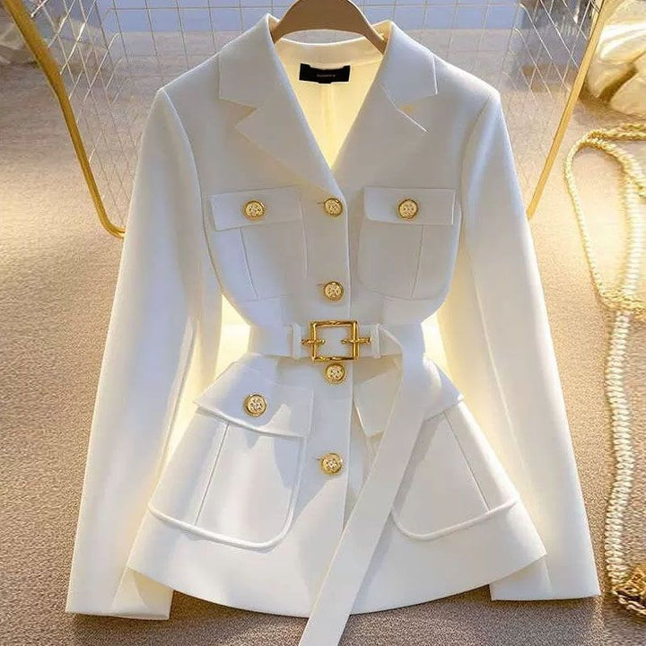 Damen Modischer Blazer mit Taillengürtel und Taschen Drune