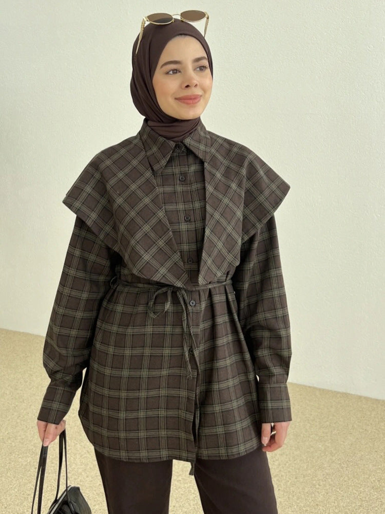Damen Oversize-Kariertes Hemd mit Taillengürtel und verlängertem Rückensaum Drune