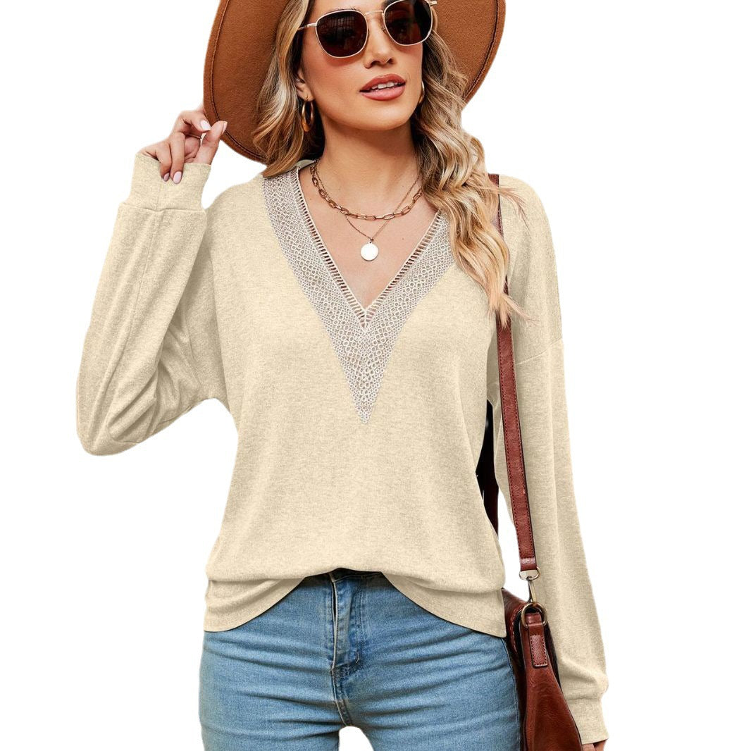 Damen V-Ausschnitt Pullover mit Spitzenakzenten und lässigem Schnitt Drune
