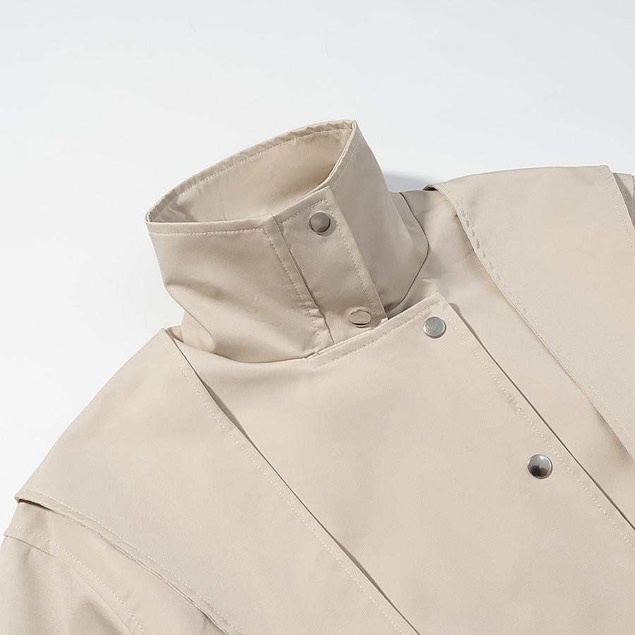 Damen Kurzjacke mit Cape-Schulter, Stehkragen und Taillengürtel Drune