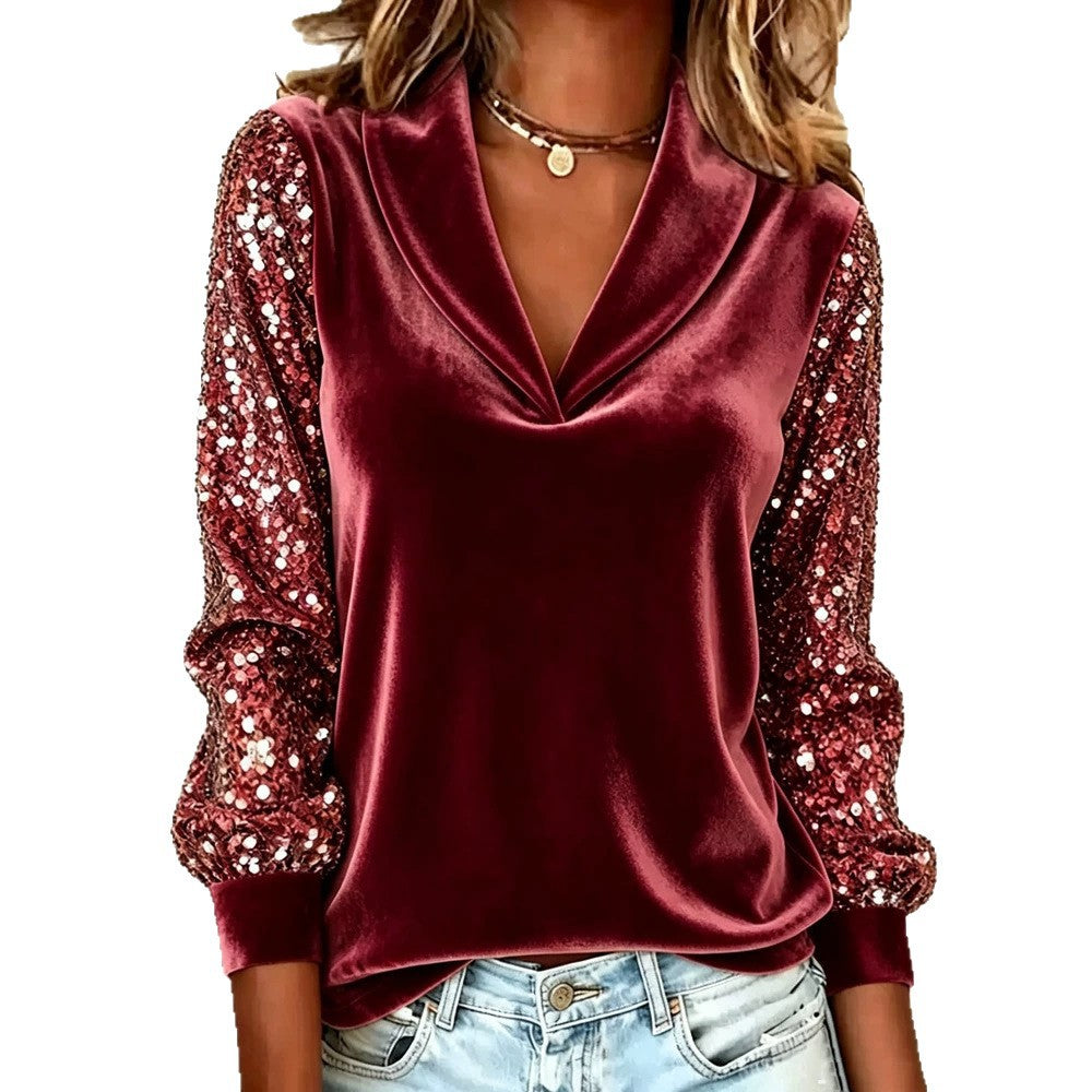 Damen Elegante Samtbluse mit Schalkragen, Paillettenärmeln und Ballonärmeln Drune