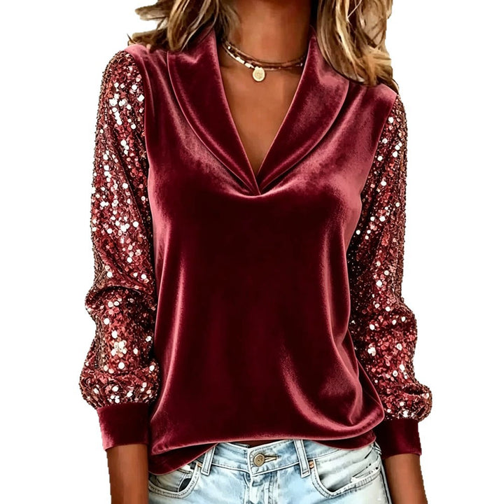 Damen Elegante Samtbluse mit Schalkragen, Paillettenärmeln und Ballonärmeln Drune
