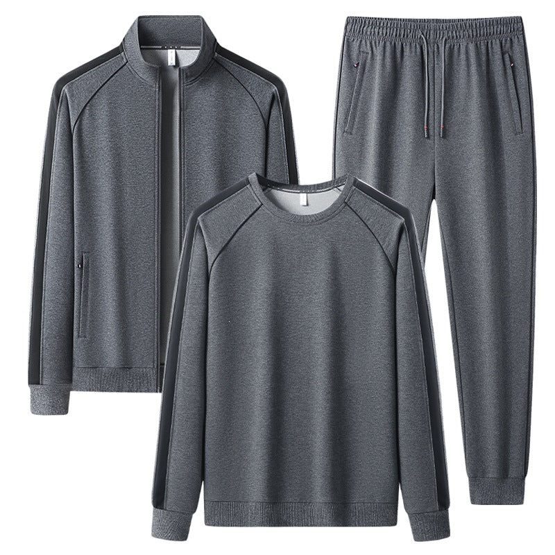Herren Dreiteiliges Freizeit-Trainingsanzug-Set aus weichem French-Terry mit Reißverschlussjacke, Rundhals-Sweatshirt & Kordel-Jogginghose Drune