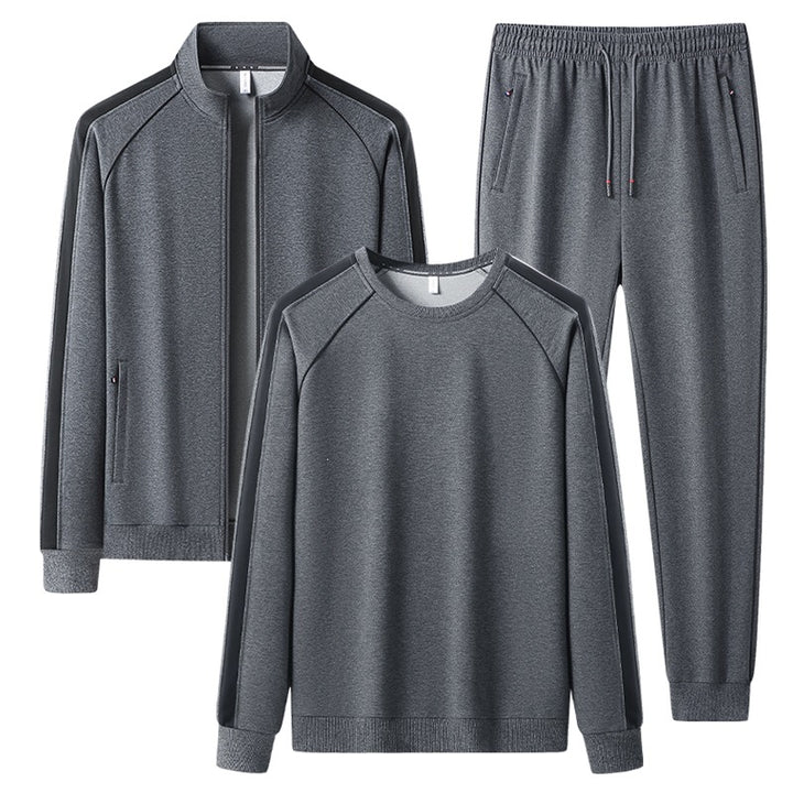 Herren Dreiteiliges Freizeit-Trainingsanzug-Set aus weichem French-Terry mit Reißverschlussjacke, Rundhals-Sweatshirt & Kordel-Jogginghose Drune