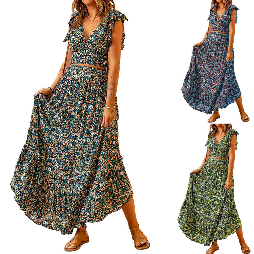 Damen Blütenmuster Maxikleid mit voluminösem Rock und schmalem Gürtel Drune