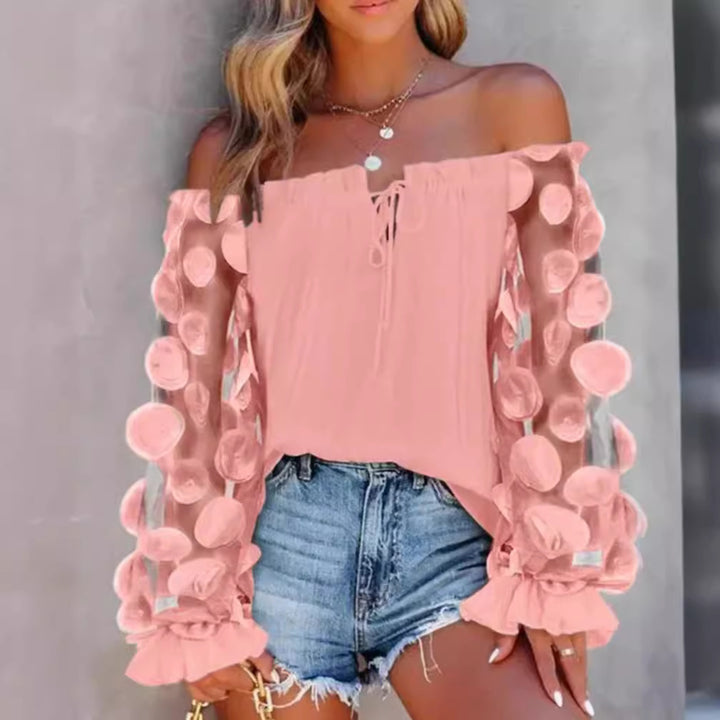 Damen nan schulterfreies Carmen-Top mit transparenten Organza-Ärmeln, kreisförmigen Applikationen und Volantmanschetten Drune