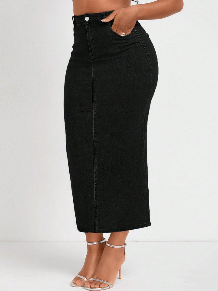 Damen Taillenhoher Stretch-Denim-Midirock mit sichtbarer Mittelnaht und Five-Pocket-Design Drune