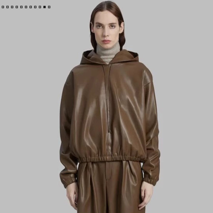 Damen lässige Kunstlederjacke mit Kapuze Drune