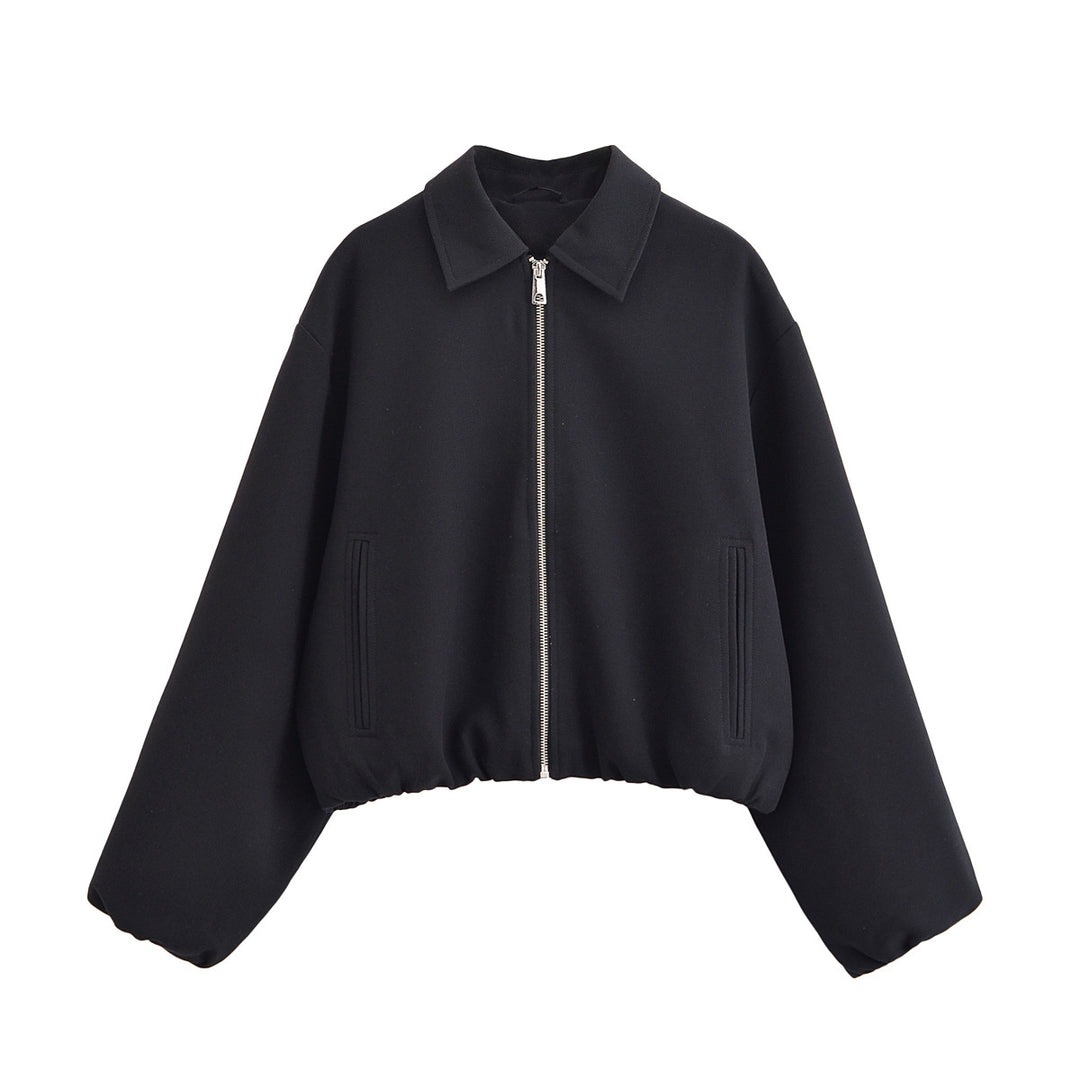 Damen Cropped Bomberjacke mit Ballonärmeln, Stehkragen und elastischem Saum Drune