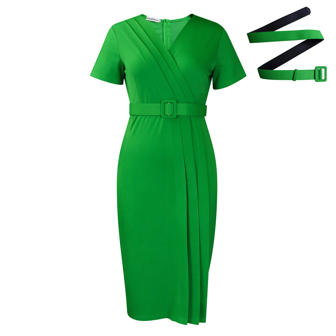 Damen figurbetontes Midi-Kleid mit asymmetrischem Wickeldesign und Gürtel Drune