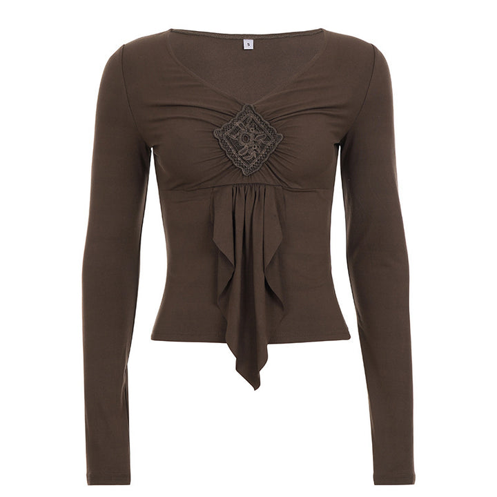 Damen Figurbetontes V‑Neck Langarm-Top mit dekorativer Häkelapplikation und Wasserfallzipfel Drune