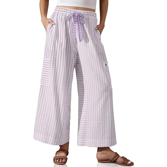 Damen weite Palazzo-Hose mit gestreiftem Muster und praktischen Taschen Drune