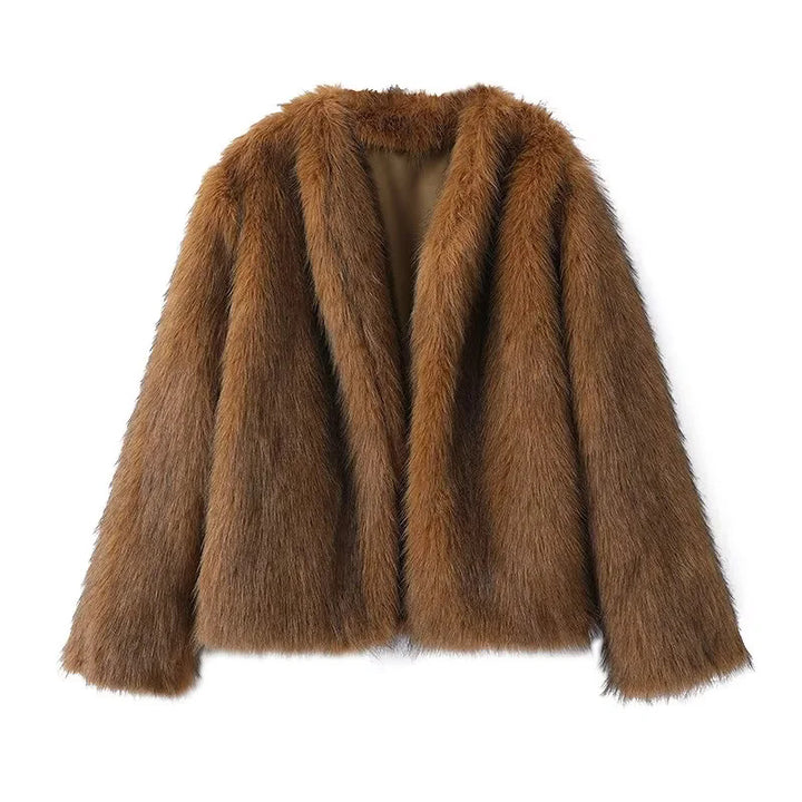 Damen nan luxuriöse Kurzjacke aus veganem Kunstfell mit offenem Schalkragen und leichter Taillierung Drune