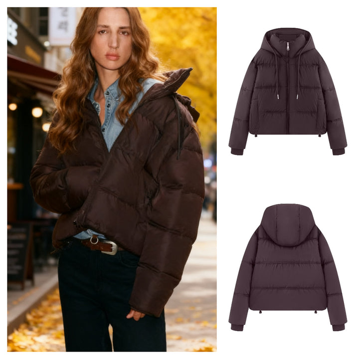 Damen Cropped-Steppjacke mit hoher Kapuze, Tunnelzug und Rippbündchen Drune