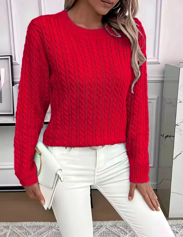 Damen Kurz geschnittener Zopfmuster-Strickpullover mit Rundhalsausschnitt Drune