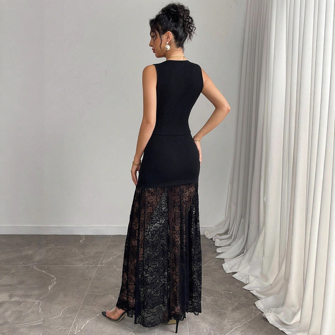Damen nan zweiteiliges Abend-Set mit taillierter Weste und bodenlangem Spitzen-Overlay-Rock Drune