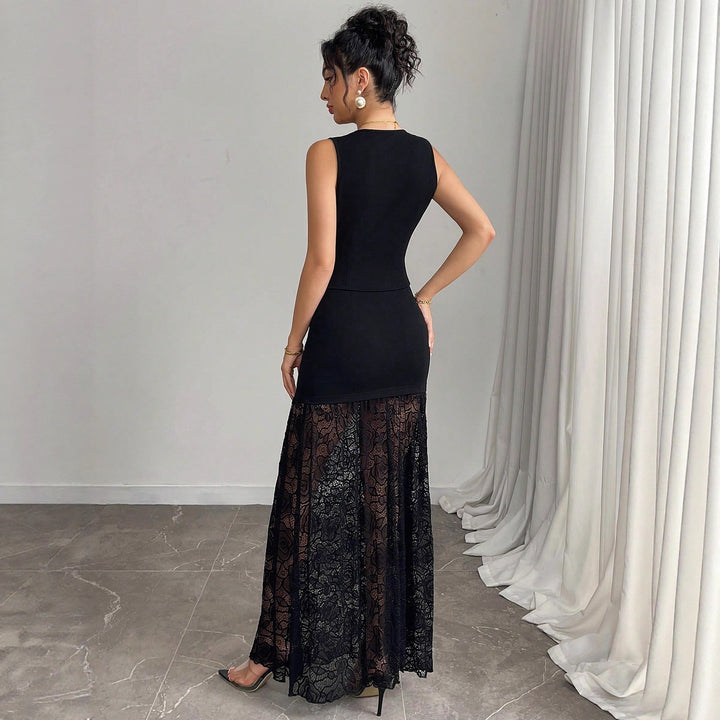 Damen nan zweiteiliges Abend-Set mit taillierter Weste und bodenlangem Spitzen-Overlay-Rock Drune