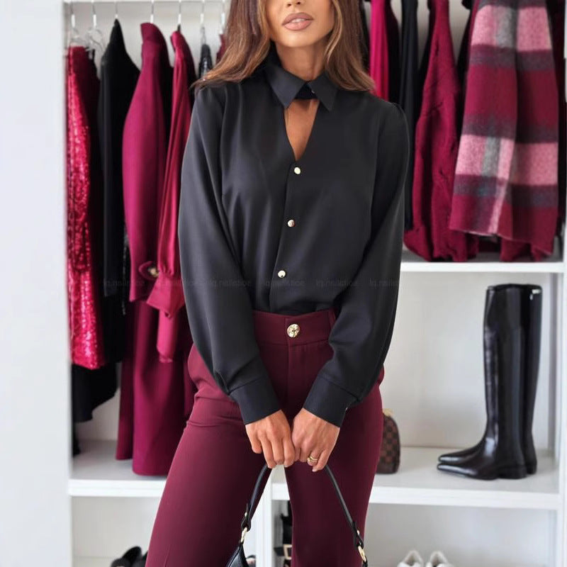 Damen Elegante Bluse mit schickem Kragen und dekorativen Knöpfen Drune