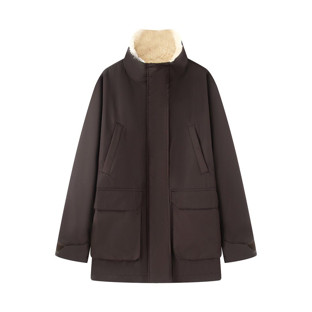 Damen nan oversized Parka mit hohem Teddygefüttertem Stehkragen, verdeckter Frontleiste und großen Klappentaschen Drune