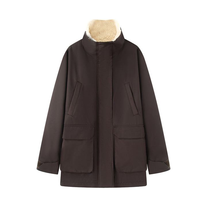 Damen nan oversized Parka mit hohem Teddygefüttertem Stehkragen, verdeckter Frontleiste und großen Klappentaschen Drune