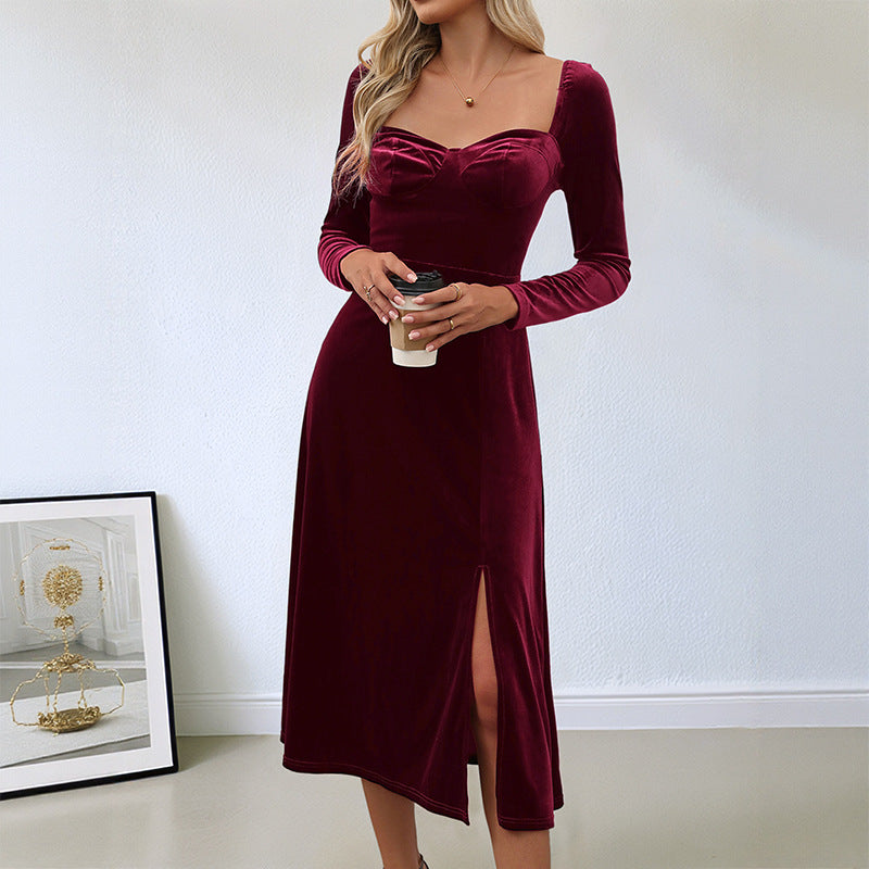 Damen Samt-Midikleid mit herzförmigem Ausschnitt, taillierter Silhouette und Langarm Drune