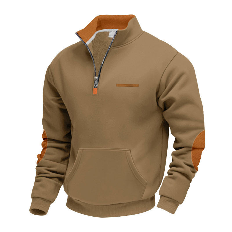 Herren nan Halbzip-Sweatpullover mit Stehkragen, Kängurutasche und Ellenbogenbesatz Drune
