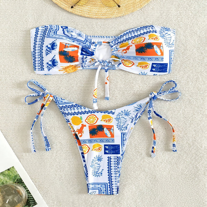 Damen Bandeau-Bikini mit verspieltem Muster und anpassbarem Bindesystem Drune