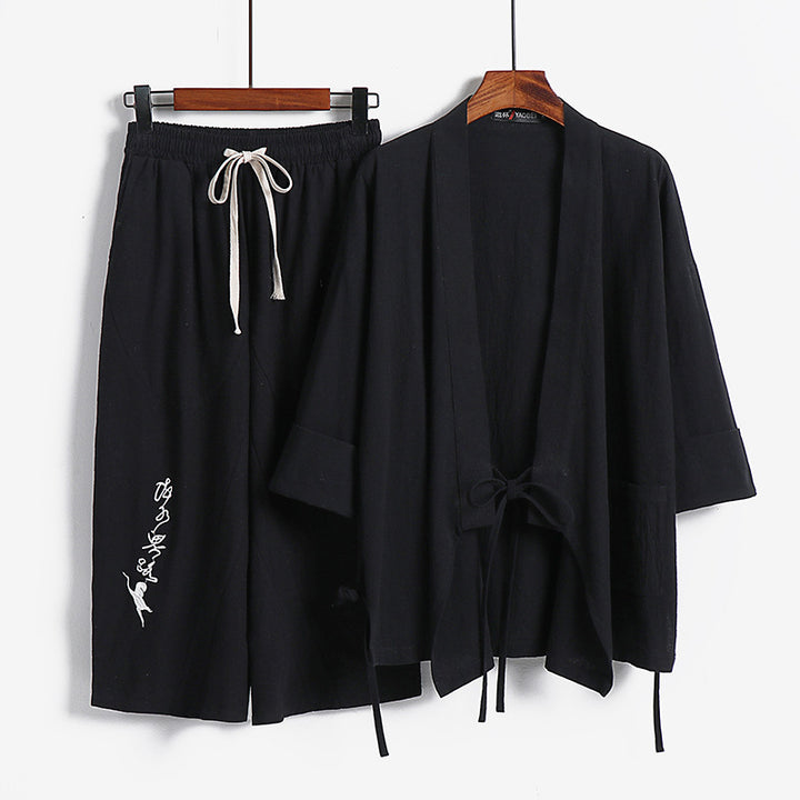 Unisex Leichtes Kimono-Loungewear-Set aus Baumwoll-Leinen mit bestickter Haremshose und Bindegürtel Drune