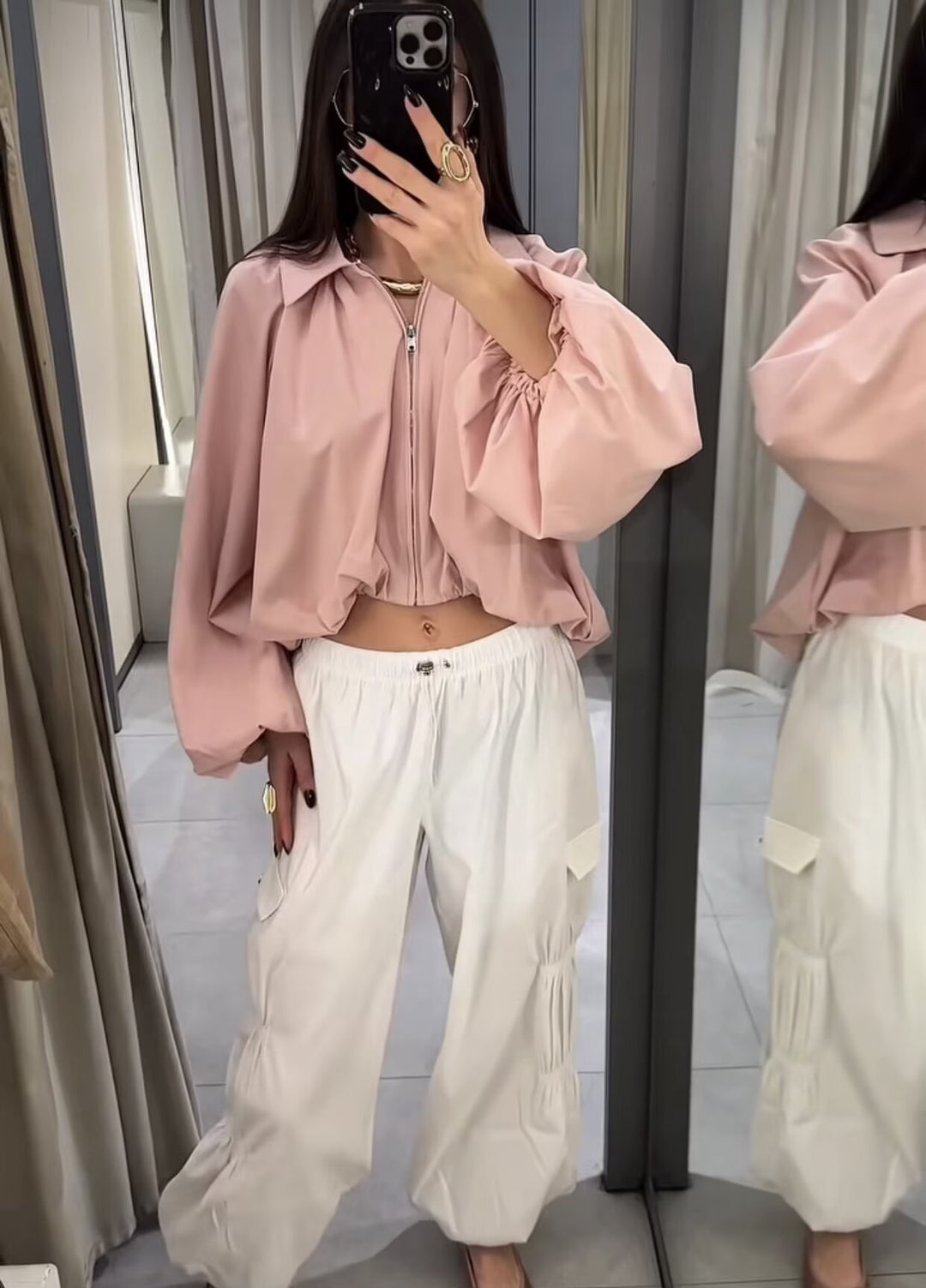 Damen Cropped-Blusenjacke mit Hemdkragen, geraffter Passe und weitem Volumenärmel Drune