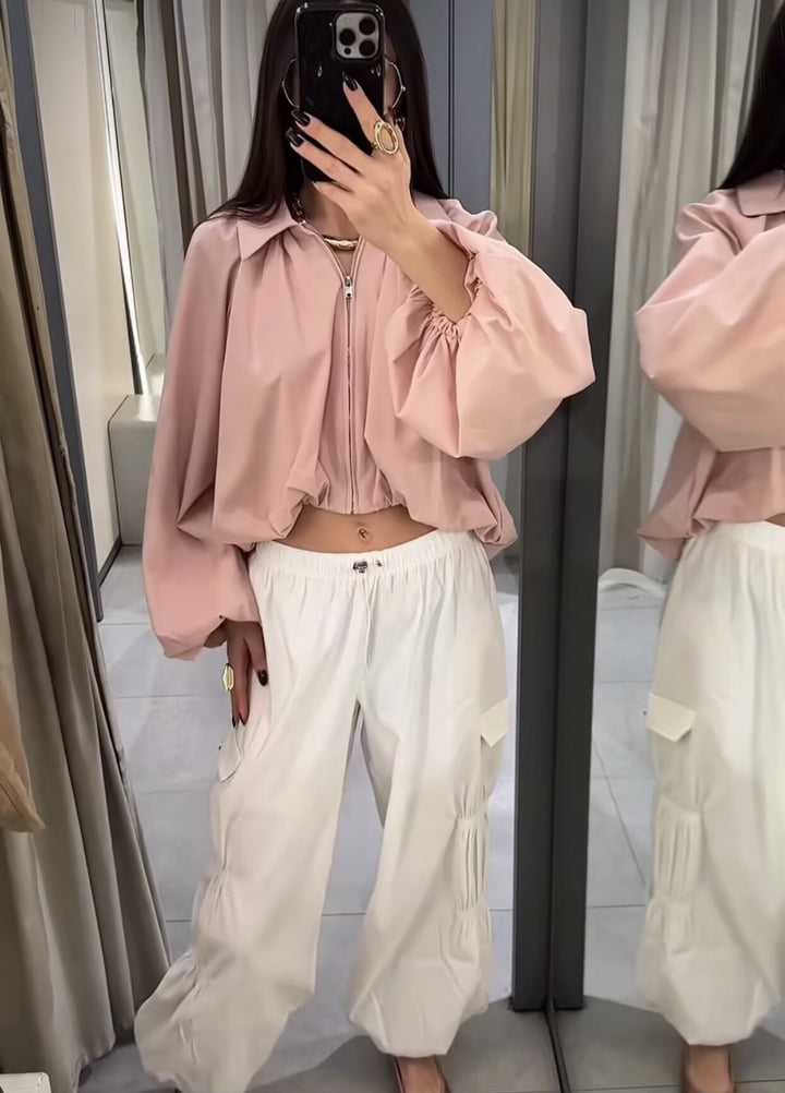 Damen Cropped-Blusenjacke mit Hemdkragen, geraffter Passe und weitem Volumenärmel Drune