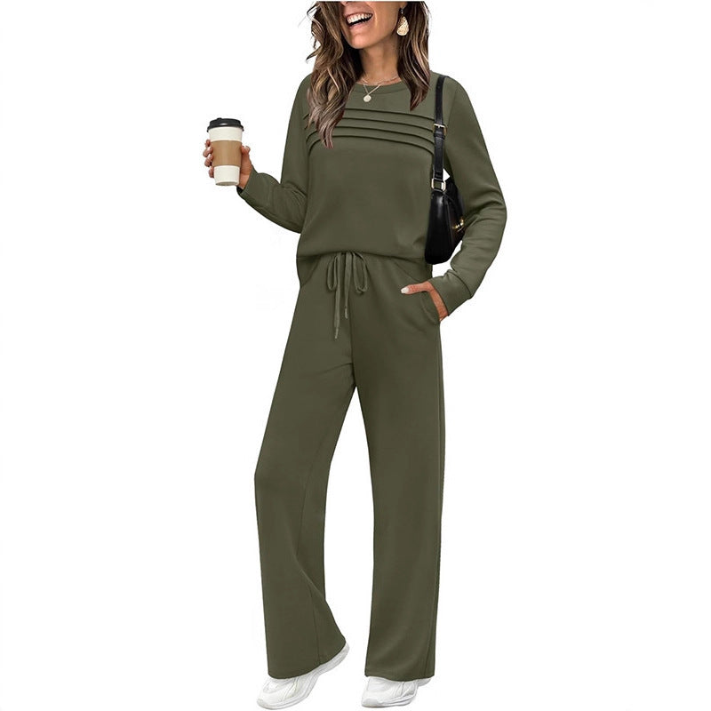 Damen Zweiteiliges Lounge-Set mit Plissee-Detail, Rundhals-Sweatshirt und weitem Kordel-Hose Drune