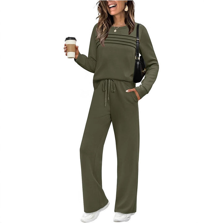 Damen Zweiteiliges Lounge-Set mit Plissee-Detail, Rundhals-Sweatshirt und weitem Kordel-Hose Drune