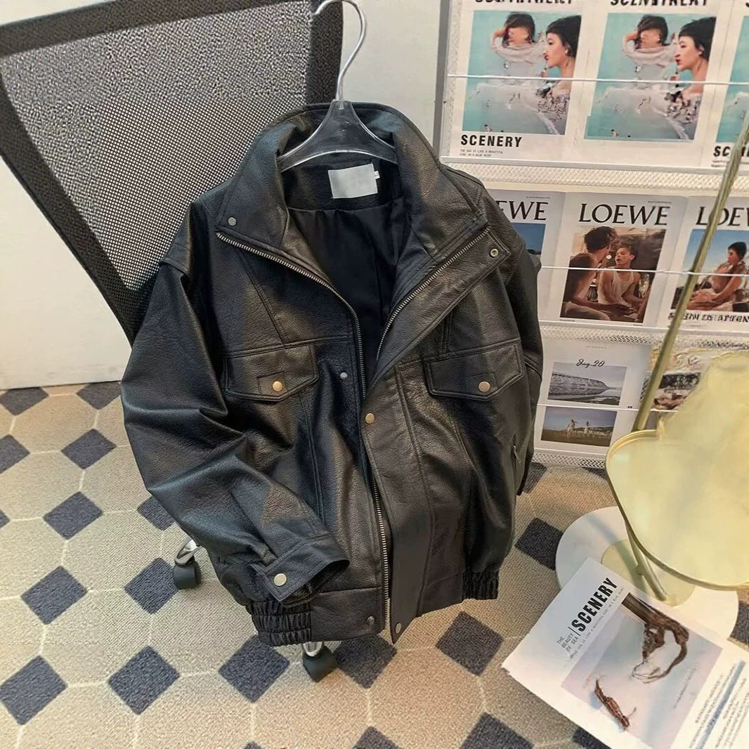 Damen Modische Kunstlederjacke mit hohem Kragen Drune
