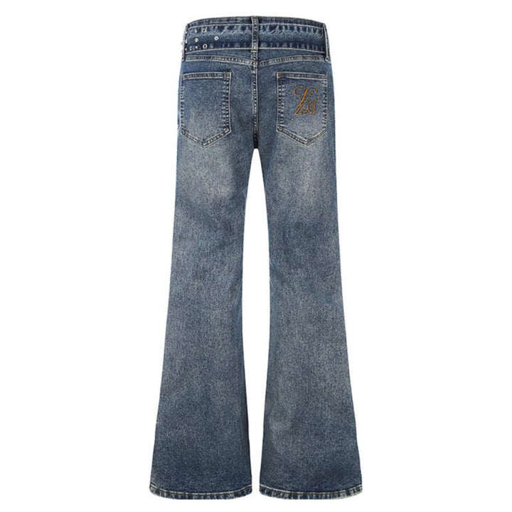 Damen High-Waist Flared-Denimjeans mit Nietenbesatz, weitem Schlag und Ziergürtel Drune