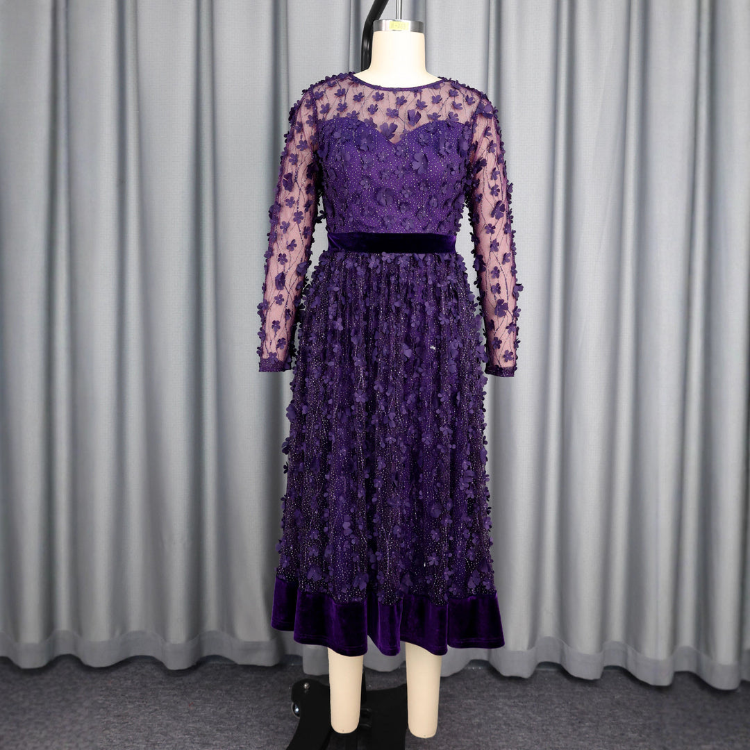 Damen elegantes A-Linien Abendkleid mit floralen Spitzenapplikationen Drune