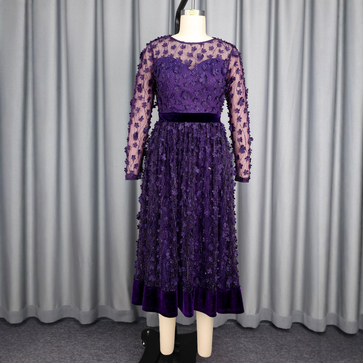 Damen elegantes A-Linien Abendkleid mit floralen Spitzenapplikationen Drune