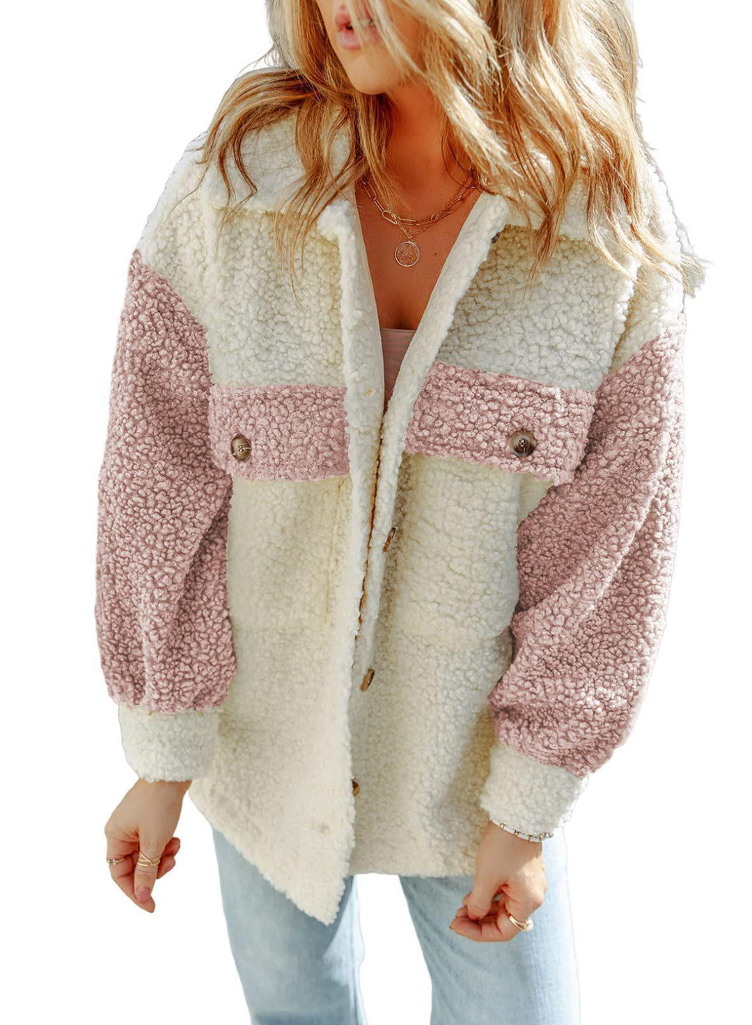 Damen nan oversized Teddy-Hemdjacke mit Kontraststreifen, aufgesetzten Brusttaschen und sichtbarer Knopfleiste Drune