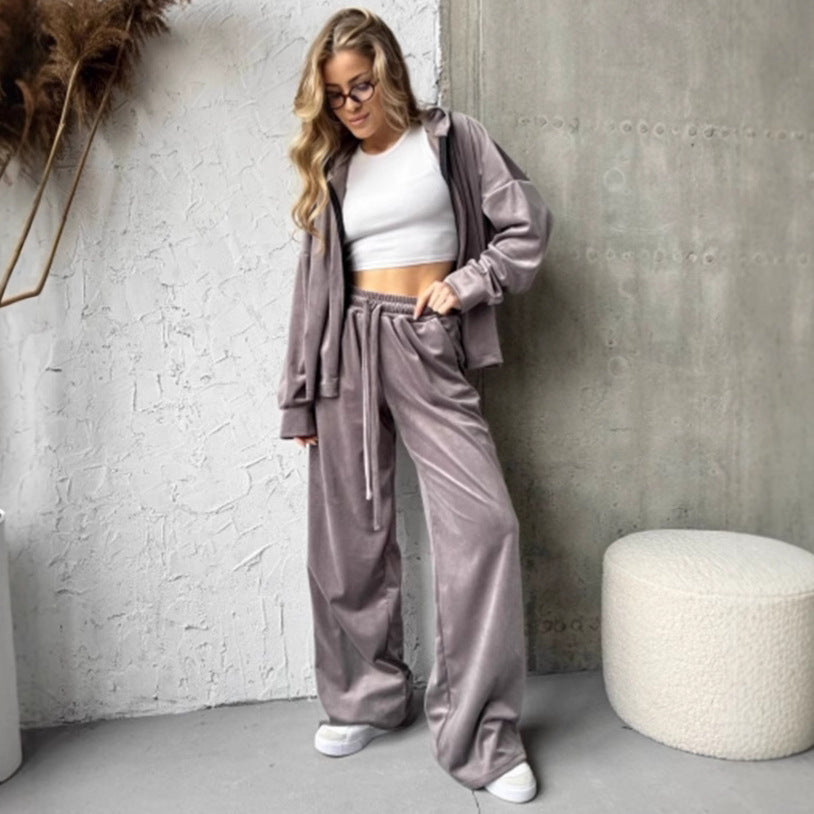 Damen weicher Velours Zweiteiler mit Kapuzenjacke und weiter Jogginghose Drune