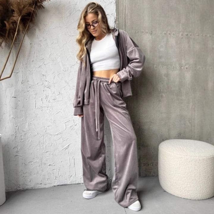 Damen weicher Velours Zweiteiler mit Kapuzenjacke und weiter Jogginghose Drune