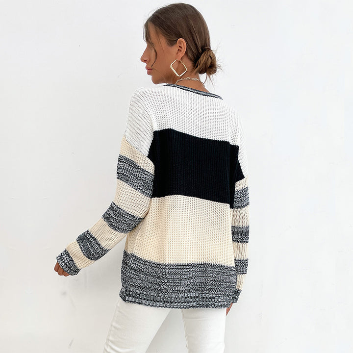 Damen Oversize Strickpullover mit grobem Rippstrick, Blockstreifen und weitem Rundhalsausschnitt Drune