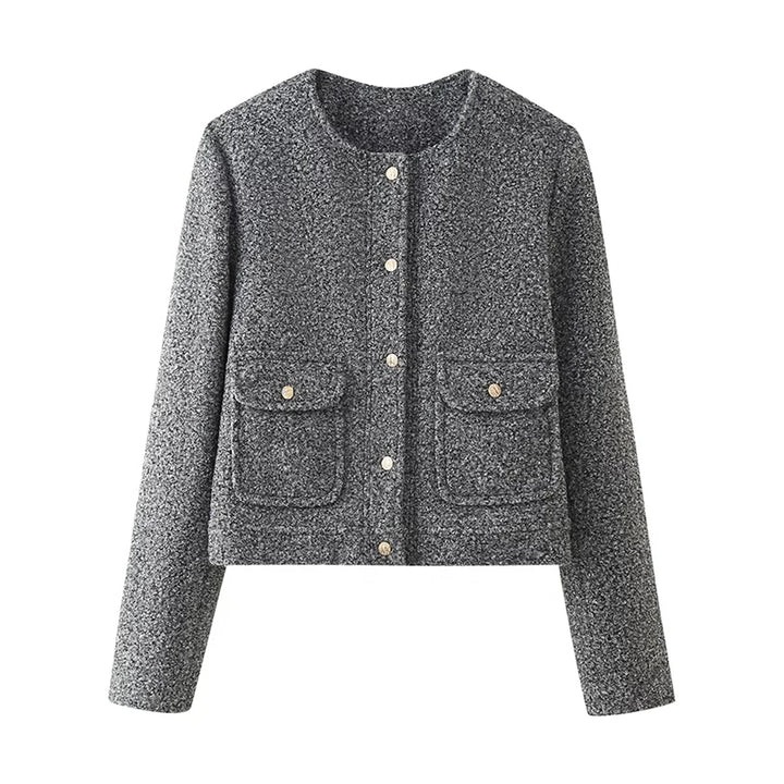 Damen nan kurz geschnittene Bouclé-Jacke mit cleanem Rundhalsausschnitt, aufgesetzten Fronttaschen und dezenten Metallknöpfen Drune