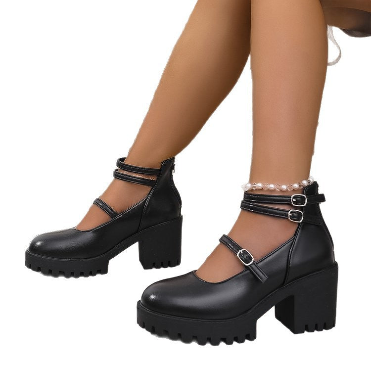 Damen Mary-Jane-Schuhe mit profiliertem Plateau, klobigem Blockabsatz und verstellbaren Riemen Drune