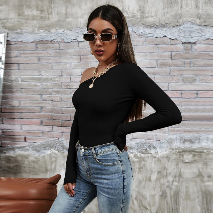 Damen asymmetrisches One-Shoulder Longsleeve-Top mit schlanker Sculpting-Passform und feiner Rippstruktur Drune