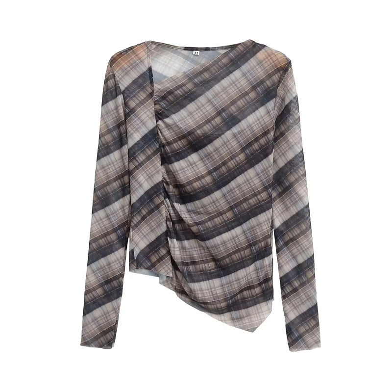 Damen nan transparentes asymmetrisches Karomuster Longsleeve Drune