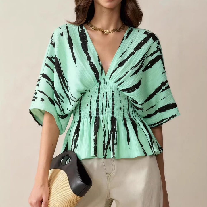 Damen lässige Bluse mit tiefem V-Ausschnitt und Raffung Drune